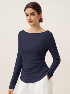 Wool Side Ruched Boat Neck Stretch Top VIVIEN - Midnight Navy / XXL