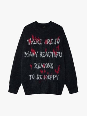 Burning Letter Jacquard Fuzzy Mohair Knit Sweater - Black / XL