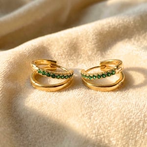 Emerald May Birthstone Double Hoop Small Huggie Gold Plated Earrings
