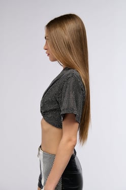 AKIRA Calico Embellished Surplice Cropped T-Shirt | Black | Size Large