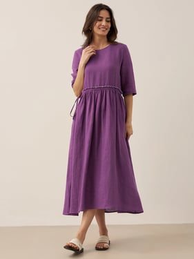 100% Linen Petal-Waist Drawstring Midi Dress JASMINE - Plum / XXL