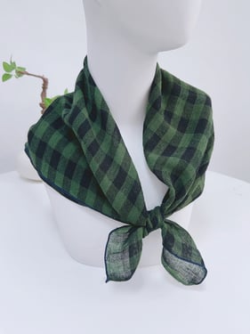 Cotton-Linen Plaid Patchwork Square Scarf - Emerald Check / One Size