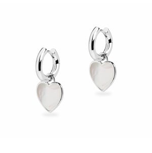 Small Chunky Hoop and Mother of Pearl Heart Charm Silver Earring Set