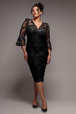 Goddiva Plus Scallop Lace Midi Dress - Black