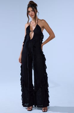 AKIRA Free As A Bird Ruffled Jumpsuit | Black | Size 2X