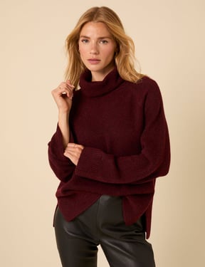 Burgundy Roll Neck Relaxed Knitted Jumper