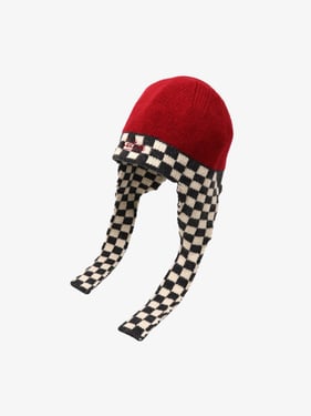 Retro Checkerboard Knit Color-Block Earflap Beanie Hat - Red / ONE SIZE