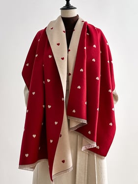 Double-Sided Heart-Jacquard Fringed Scarf - Red Heart / One Size
