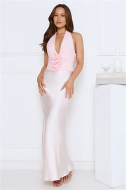 Petal Lane Mesh Satin Halter Maxi Dress Pink