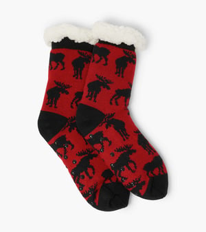 Moose On Red Women's Sherpa Lined Cabin Sock