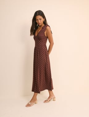 Brown Polka Dot Jersey Addison Midi Dress