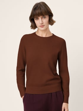 100% Mongolian Cashmere Seamless Ribbed Trims Crewneck Sweater TAWNY - Walnut / XXL