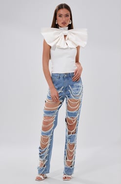AKIRA Distressed Life Denim Pants | Light Blue | Size XL