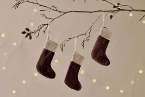 nkuku Karru Cotton Velvet Mini Stocking Set Of 3 | Christmas Decorations | Rich Mocha