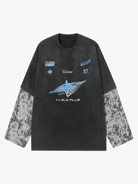 Washed Faux Two-Piece Racing Long Sleeve T-shirt - 2543 - Black / 2XL