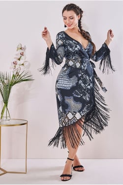 Goddiva Maternity Tassel Foil Print Wrap Midi Black