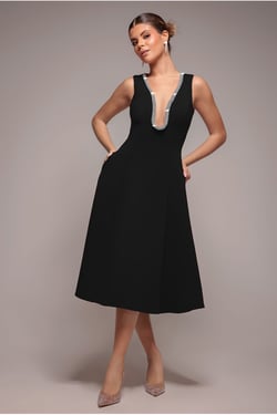 Goddiva Diamante Embellished Neck A-Line Midi Dress - Black