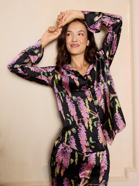 Womens Satin Frill Blouse Pyjamas Black Wisteria - M / 12-14 / Black