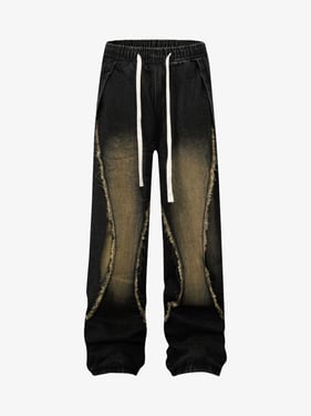Washed Distressed Raw Edge Drawstring Jeans - Black / 2XL
