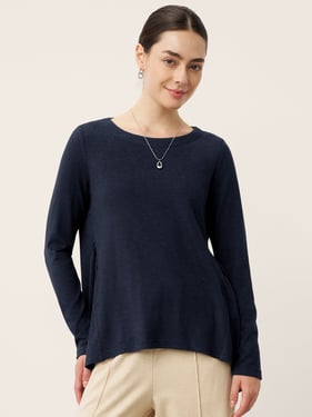 Wool Panelled Ruched Asymmetric Hem Top KALISTA - Navy Blue / XXL