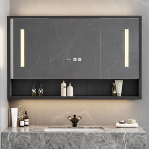 39" Black LED Medicine Cabinet with Adjustable Lighting, Demister & Digital Clock