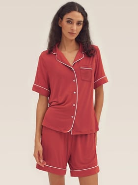 Short Sleeve Bamboo Pajama Set ODESSA - Christmas Red / Tops / XXL
