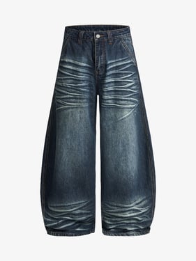 Distressed Whiskered Barrel Jeans - Blue / 2XL