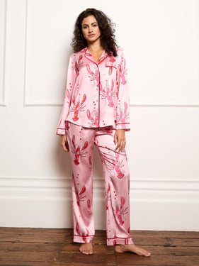 Womens Satin Traditional Pyjama Set in Pink Lobster Love - 3XL / 22-24 / Pink