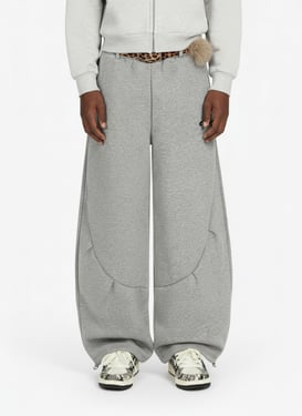 Leopard Belt Fur-Pom Detail Fleece Wide-Leg Pants - Gray / XL