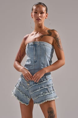 AKIRA Too Much To Love Denim Romper | Light Blue | Size XL
