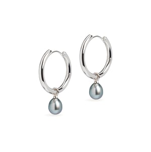 Large Hoop and Tahitian Pearl Charm Silver Earring Set