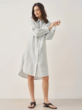 Linen Button-Front Artistic Stripe Shirt Dress JULIA - Indigo Stripe / XXL