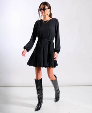 Black Crepe Belted Fit and Flare Dress - 16