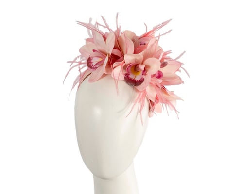 Bespoke pink orchid flower headband by Cupids Millinery