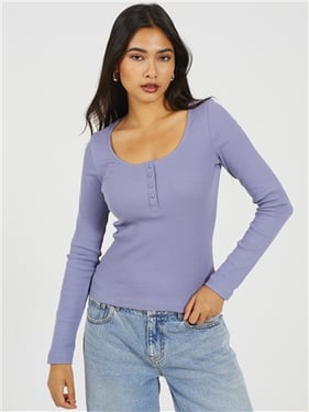 Brave Soul Ribbed Button Top - Grey - XS
