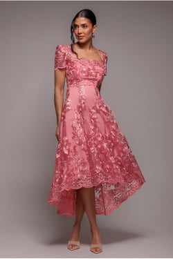 Goddiva Scalloped Neck Embroidered Lace High Low Midi Dress - Coral