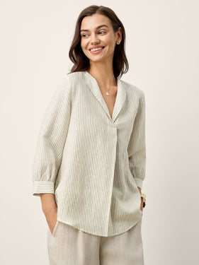 Linen-Lyocell Striped Lapel Inverted Pleat Pullover Top MARGOT - Sand Stripe / XXL