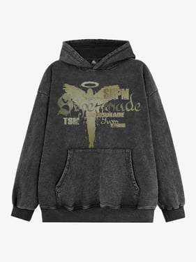 Vintage Washed Angel Halo Distressed Letter Graphic Hoodie - Wash Water Ash / 2XL