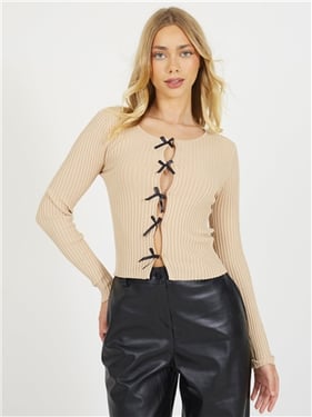 Brave Soul Nats Rib Knit Bow Cardigan - Biscuit / Black - XS