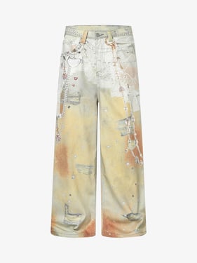 Street Tie-Dye Distressed Chain Detail 3D Printed Jeans - Light Blue / XL