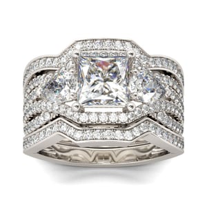 Jeulia Three Stone Princess Cut Sterling Silver Ring Set
