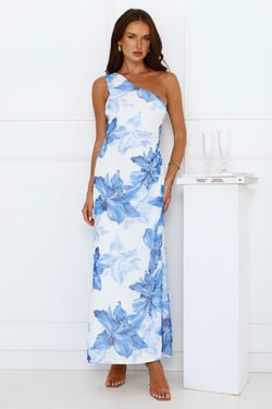 Blueberry Breeze One Shoulder Mesh Maxi Dress Blue