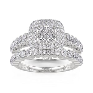 Jeulia Double Halo Cluster Ring Set with Eternity Band Sterling Silver