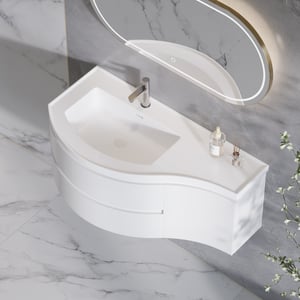 35.4" Floating Curved Bathroom Vanity Wall Mounted Half-Circle White Bathroom Cabinet with Sink