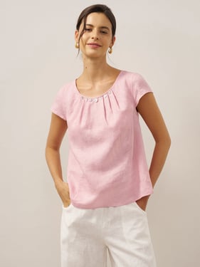 100% Linen Shell Button Pleated Crew Neck Top RENA - Rosa / XXL