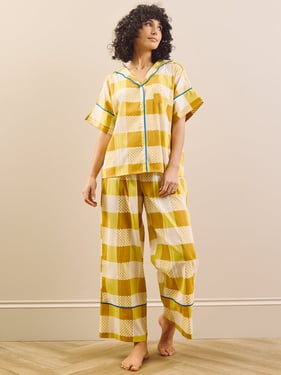 Womens Golden Yellow & Blue Trim Patchwork Gingham Seersucker Oversize Pyjama Set - 3XL / 22-24 / Mustard