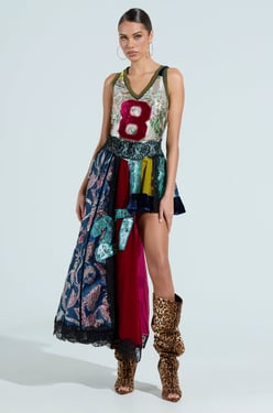AKIRA Cleat Chaser Layered Jersey High Low Dress In Brocade | Size Large