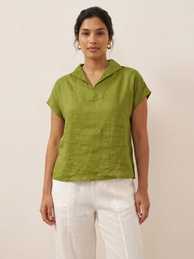 100% Linen Collared Cap Sleeve Top IVY - Avocado Green / XXL