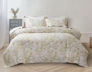 QE Home Forsythia Cotton Quilt Set, Floral, Yellow, Super King
