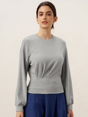 Asymmetric Ruched Stretch Knit Top CALLIOPE - Neutral Grey / XXL